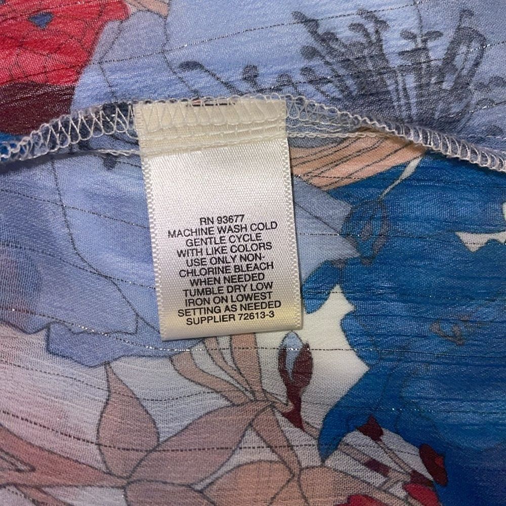 Liz Claiborne Boho Blue Floral Print Top Blouse Size L Glitter String Tie Front - Picture 7 of 7
